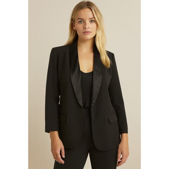 Chic MNG by Mango Satin Lapel Tuxedo Blazer – Black – Size 10 - Picture 3 of 6